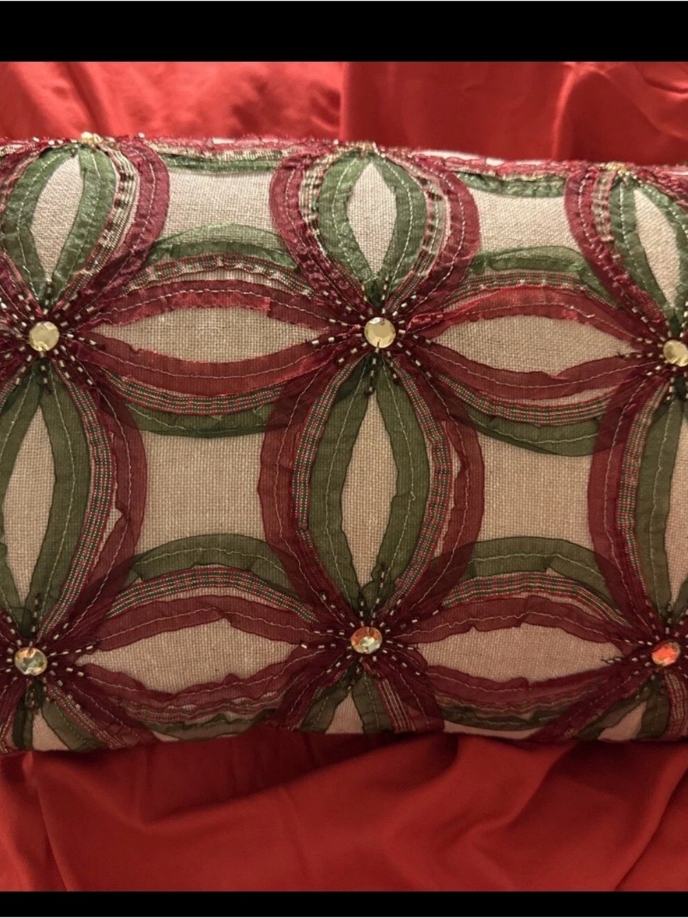 Pier 1 Imports Beaded Chiffon Ribbon Lumbar Pillow Red Green Gold Rhinestone